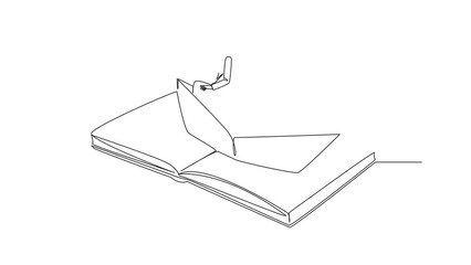 Poster - Animated self drawing of continuous line drawing Arab man reading a book on a paper boat. Maintain the good habits. The metaphor of reading can explore oceans. Full length single line animation
