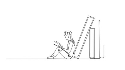 Poster - animated self drawing of single continuous line drawing girl reading sitting leaning against a pile 