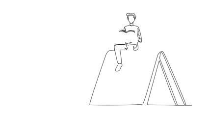 Poster - animated self drawing of single line drawing man sitting on large tent-shaped book. reading the adve