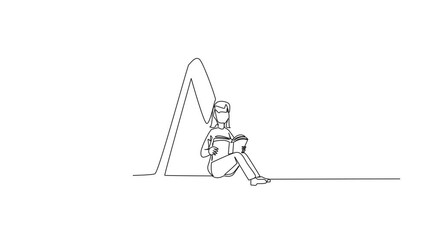 Poster - animation of continuous one line drawing woman sitting in front of large tent-shaped book. reading t