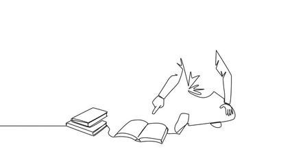 Poster - animation of single continuous line drawing man reading the books happily. good reading interest. re