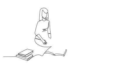 Poster - Self drawing animation of single line drawing woman reading the books happily. Good reading interest. Really enjoy reading story books. Reading everywhere. Book festival concept. Full length animated