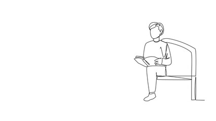 Poster - self drawing animation of single continuous line drawing man sitting and reading on chair in univers