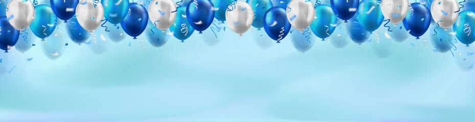 Wall Mural - Template of header with 3d blue and white realistic balloons with confetti ribbons frame and empty space for greeting text or invitation. Cyan panoramic banner for celebration, sale, opening, holiday