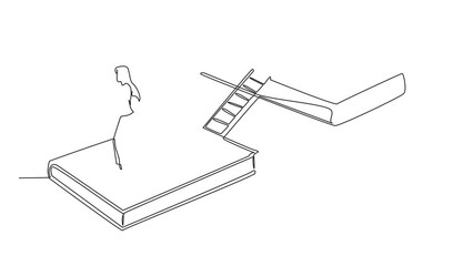 Poster - animation of single line drawing woman walking reading on books. a book exhibition. display many boo