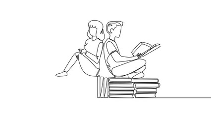 Poster - animation of continuous line drawing man woman sitting relaxed reading book on pile of books. relax 