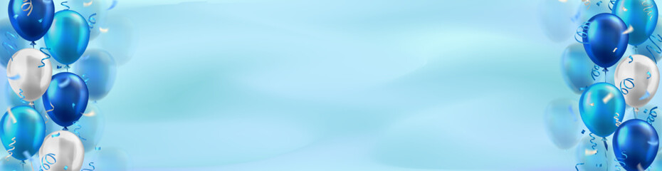 Wall Mural - Template of panoramic background with 3d blue and white realistic balloons with confetti frame and empty space for greeting text or invitation. Cyan header for celebration, sale, opening, holiday, ads
