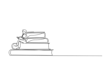 Poster - animated self drawing of single line drawing man woman sitting on a pile of books reading book. high