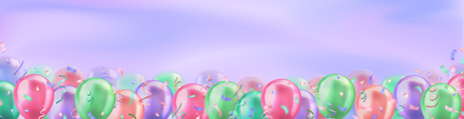 Wall Mural - Panoramic banner with 3d realistic colorful glossy balloons and confetti decoration with blank space for greeting text. Header design for birthday, celebration party, sale, opening event, invitation
