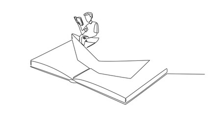 Poster - self drawing animation of continuous one line drawing man woman reading book on a paper boat. mainta