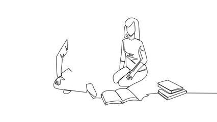 Poster - self drawing animation of single continuous line drawing man woman reading books happily. good readi