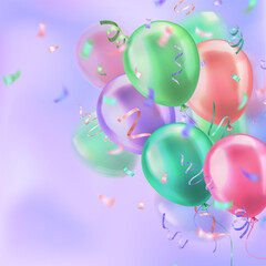 Wall Mural - Banner with 3d realistic colorful glossy balloons and confetti decoration with blank space for greeting text.  Template design for birthday, celebration party, sale, opening event, invitation