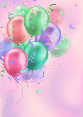Wall Mural - Vertical banner with 3d pastel colorful realistic balloons with confetti ribbons frame and empty space for greeting text or invitation. Pink poster for birthday celebration, sale, opening, holiday, ad