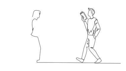 Poster - animated self drawing of continuous line drawing man and woman walking face to face reading books. g