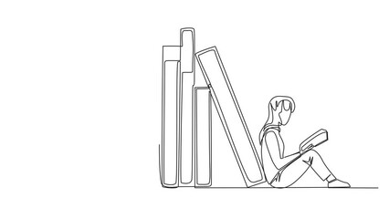 Poster - self drawing animation of single continuous line drawing man woman reading sitting leaning against a