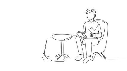 Poster - animation of single one line drawing man woman sitting reading on sofa. reading focus in living room