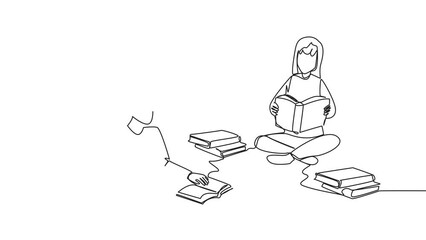 Poster - self drawing animation of single one line drawing man and woman who really likes reading. everyday o