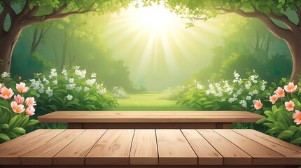 Wall Mural - Spring beautiful background with green lush young foliage and flowering branches with an empty wooden table on nature outdoors in sunlight in garden.