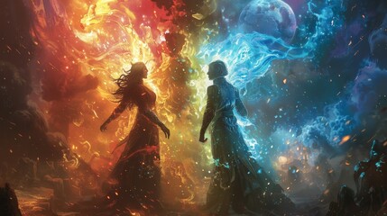 Canvas Print - two people are standing in front of a fire, one is wearing a red dress