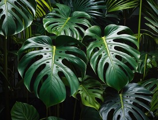 Wall Mural - real leaves of the monstera plant. Decorative, ornamental leaves