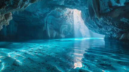 Canvas Print - a cave with a blue river flowing through it