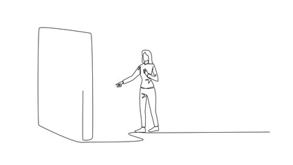 Poster - Animated self drawing of single continuous line drawing woman opening the book-shaped door. Books can open mind and see everywhere. Increase knowledge about the wider world. Full length animation