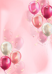 Wall Mural - Vertical banner with 3d pink realistic balloons with confetti ribbons frame and empty space for greeting text or invitation. Pink poster for birthday celebration, sale, opening, holiday, ad, wedding