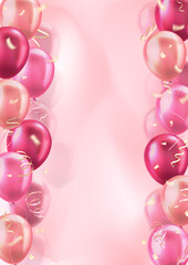 Wall Mural - Vertical banner with 3d pink realistic glossy balloons and confetti on blurred background with blank space for greeting text. Poster for birthday, celebration party, sale, opening, holiday, wedding