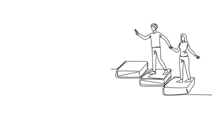 Poster - animated self drawing of continuous line drawing man woman climbs stairs from books. reading increas