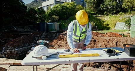 Poster - African man, blueprint and table outdoor for building, planning and design with drawing at construction site. Foreman, floor plan and maintenance for engineering, contractor and project management