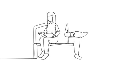 Poster - animation of single line drawing man and woman sitting, reading on a chair in a university park. pre