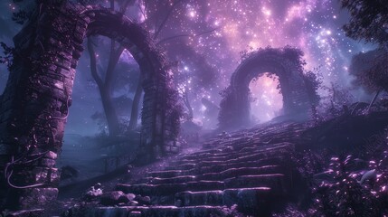 Wall Mural - A purple forest with a stone archway leading to a path