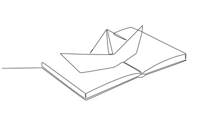 Poster - self drawing animation of one line drawing woman reading a book on a paper boat. maintain the good h