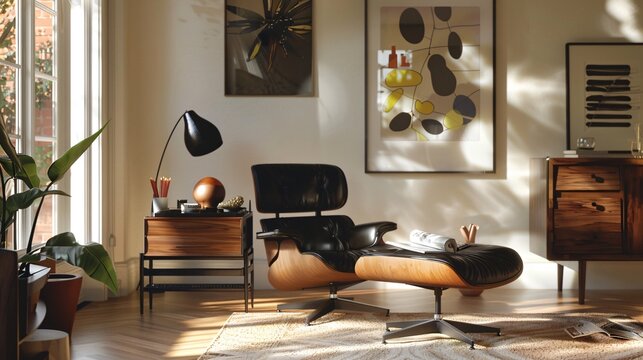A contemporary living room with a mid-century modern twist, featuring iconic furniture pieces like a leather Eames lounge chair and a sleek walnut coffee table. Retro-inspired lighting fixtures and