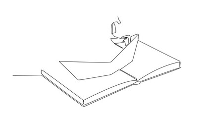 Poster - animated self drawing of continuous one line drawing man reading a book on a paper boat. maintain go