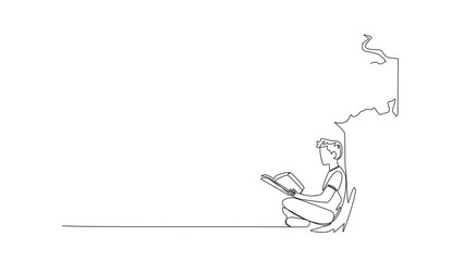 Poster - animation of continuous one line drawing man sitting reading book under shady tree. continuing the s