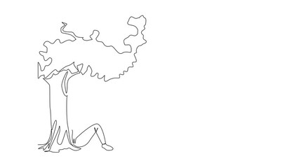 Poster - self drawing animation of single line drawing woman sitting reading a book under shady tree. continu