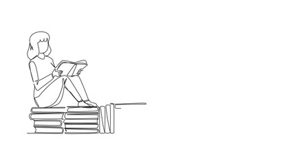 Poster - animated self drawing of single continuous line drawing woman sitting relaxed reading a book on pile