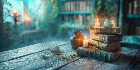 stack of books with candles on top of them on a table in front of a bookcase