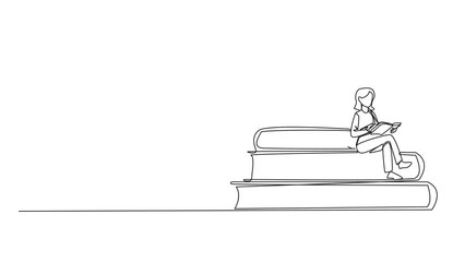 Poster - Animation of single continuous line drawing happy woman sitting on a pile of books reading a book. High interest in reading. Opening horizons of thinking. Book festival. Full length motion