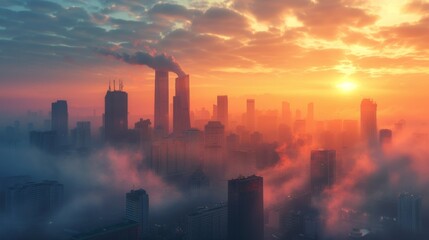 Wall Mural - Modern city skyline with smog and air pollution, emphasizing environmental issues