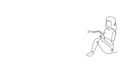 Poster - animation of continuous one line drawing woman sitting while reading a book. read books alone to foc