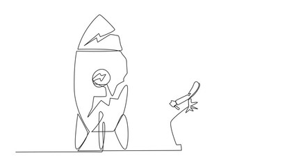 Poster - Animation of single continuous line drawing Arabian businessman preparing to hit a standing rocket. Rampage. Not ready to accept new technology. Not ready for competition. Lost. Full length motion