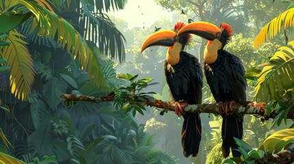 Hornbills perched on a branch, surrounded by tropical forest foliage
