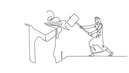 Poster - Animation of continuous one line drawing Arabian businessman preparing to hit big gift box. Businessman expresses disappointment. Destroying everything in sight. Angry. Full length motion