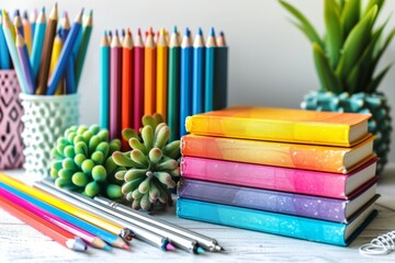 colorful textbooks stacked on a teachers desk in a classroom, symbolizing the back-to-school concept on a white background