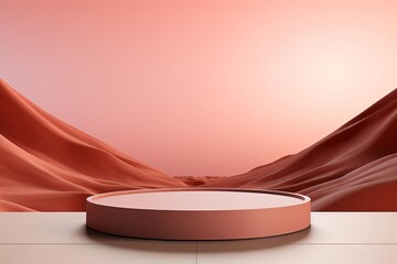 3D rendered minimal podium with, set against a soft pink background and pink sand dunes.