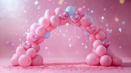 Poster - A pink archway with pink balloons and blue hearts