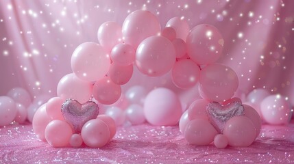 Poster - A pink archway with balloons and hearts is the centerpiece of a pink room