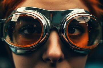 Close-up of a person's eyes looking intently through reflective, retro-styled goggles